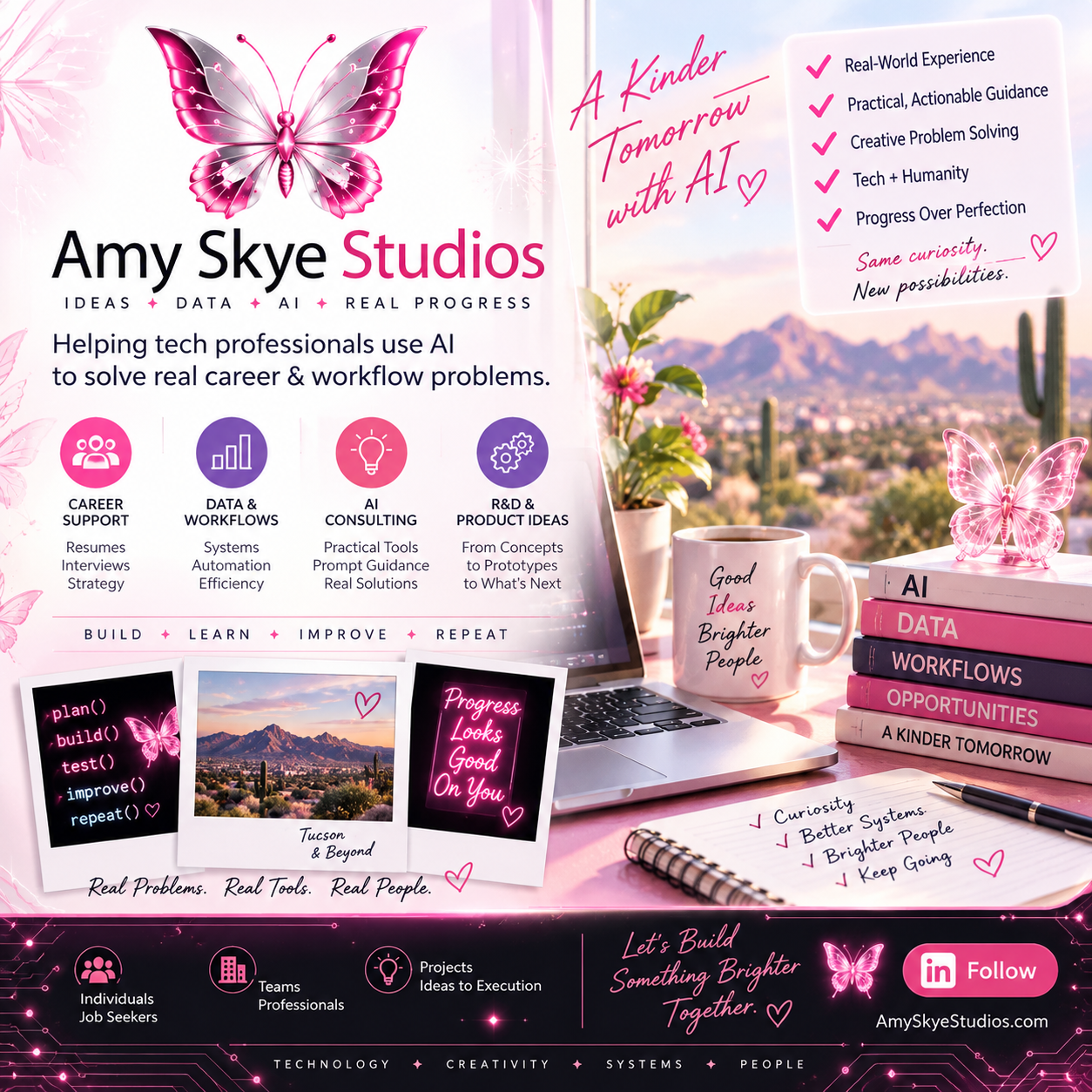 Amy Skye Studios overview showing career support, data and workflows, AI consulting, and research and development